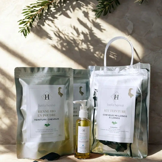 Kit henné pou cheveux courts à mi-longs - soin huile et gants inclus